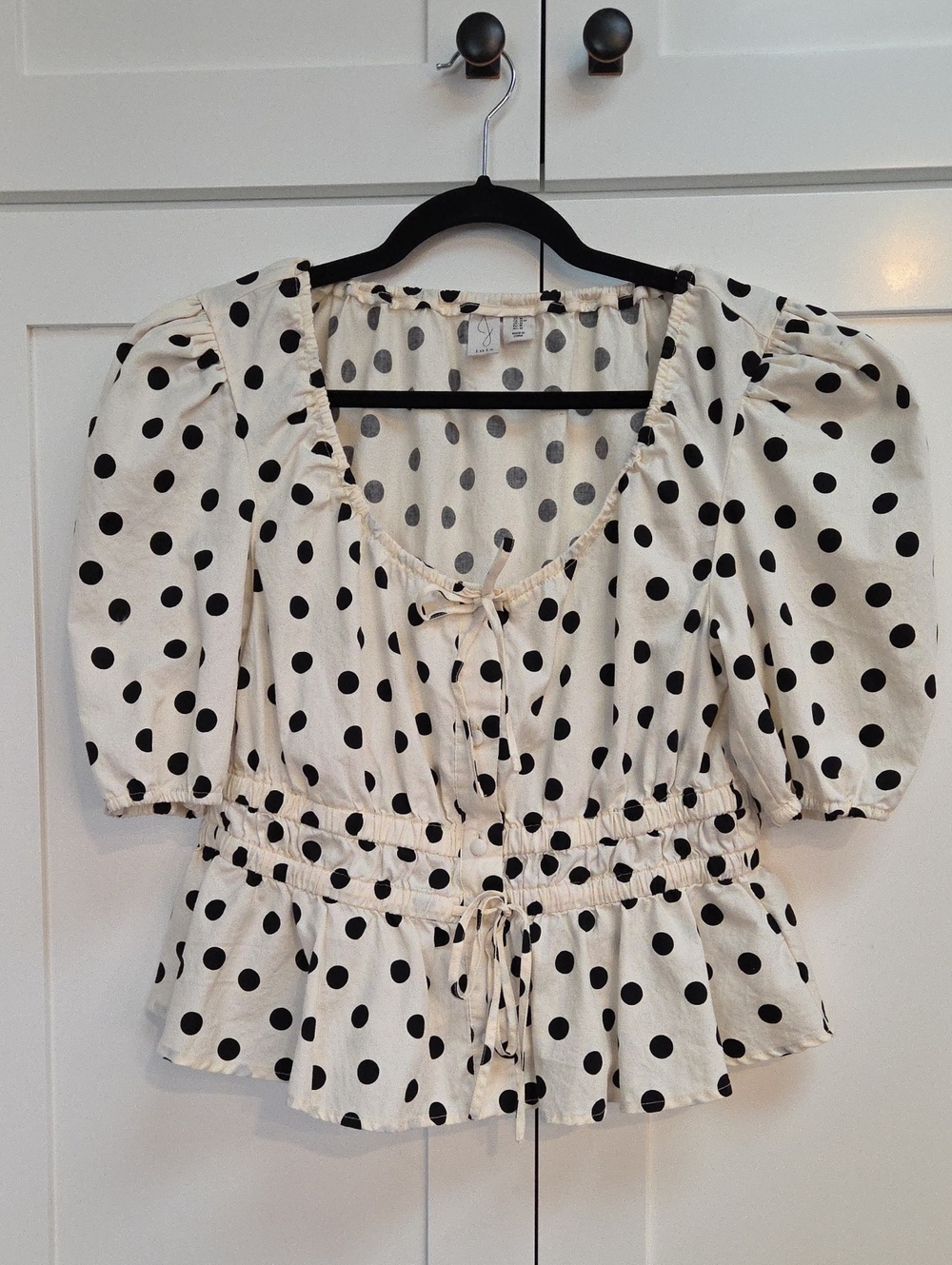 Joie Cream Peplum Blouse with Black Polka Dots